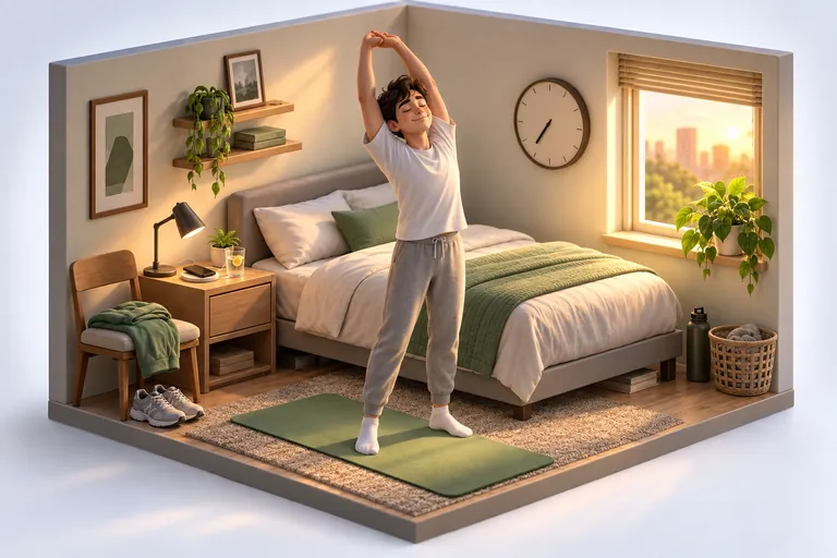 The same bedroom in morning light: bed made, window open to the sunrise, the same person stretching on a mat.