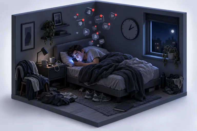 A dim, cluttered bedroom at night: clothes piled on a chair, a person in bed lit by their phone, notification icons floating above them.